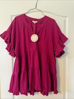 Umgee Magenta Tiered Ruffle Sleeve Tunic